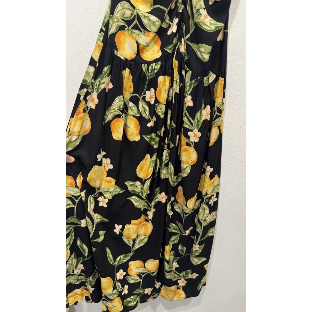 ASOS Design Twist Strap Midi Lemon Print Dress Size 6 Open Back Ruched Bodice - Picture 6 of 14
